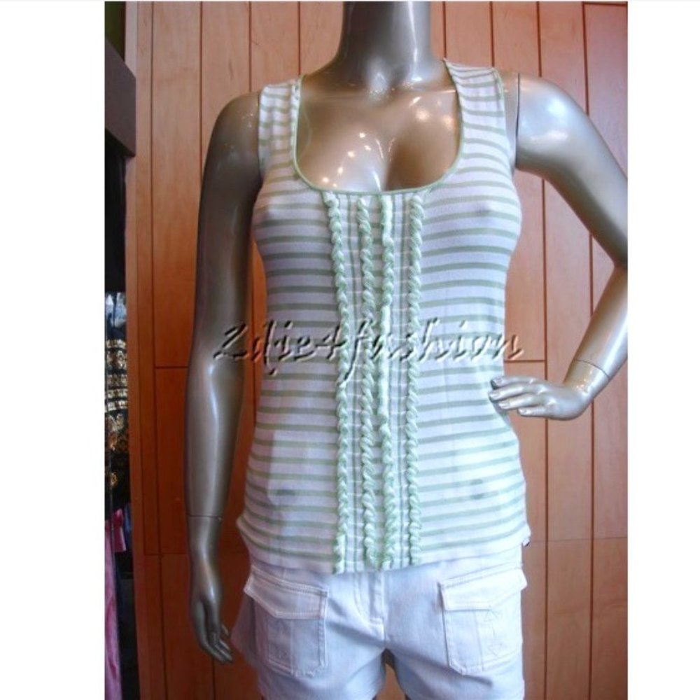$540 New ARMANI Collezioni Green White Stripe Ruffle Sweater Knit Shell Top 12
